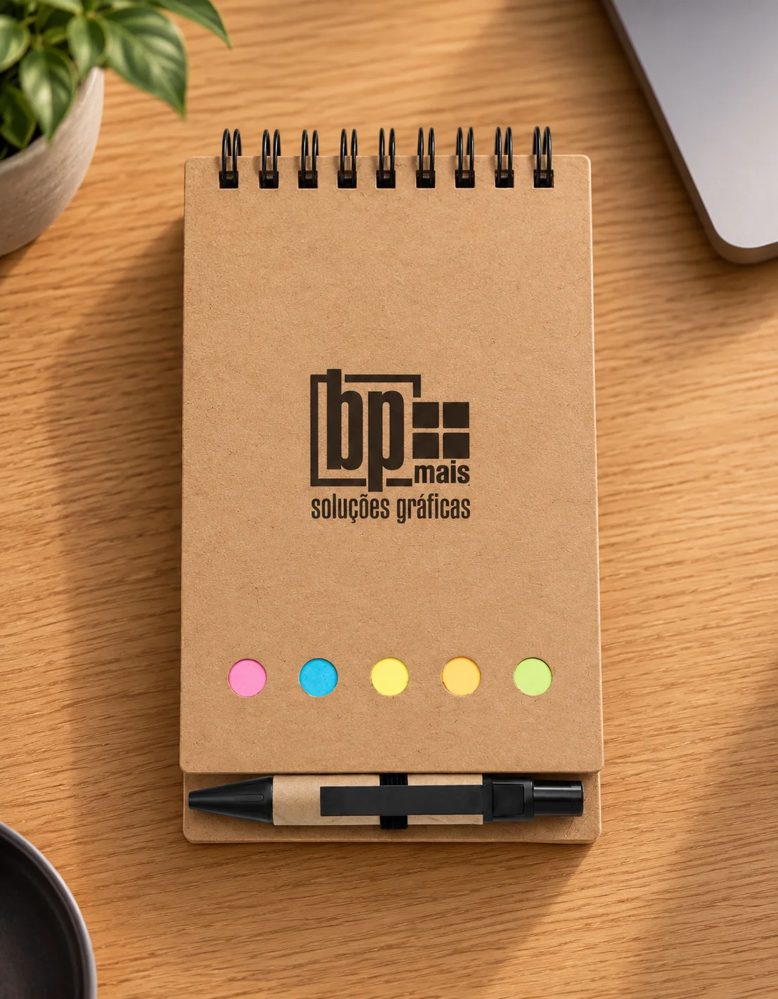Bloco de anotações ecológico Ipê com autoadesivos coloridos e mini caneta