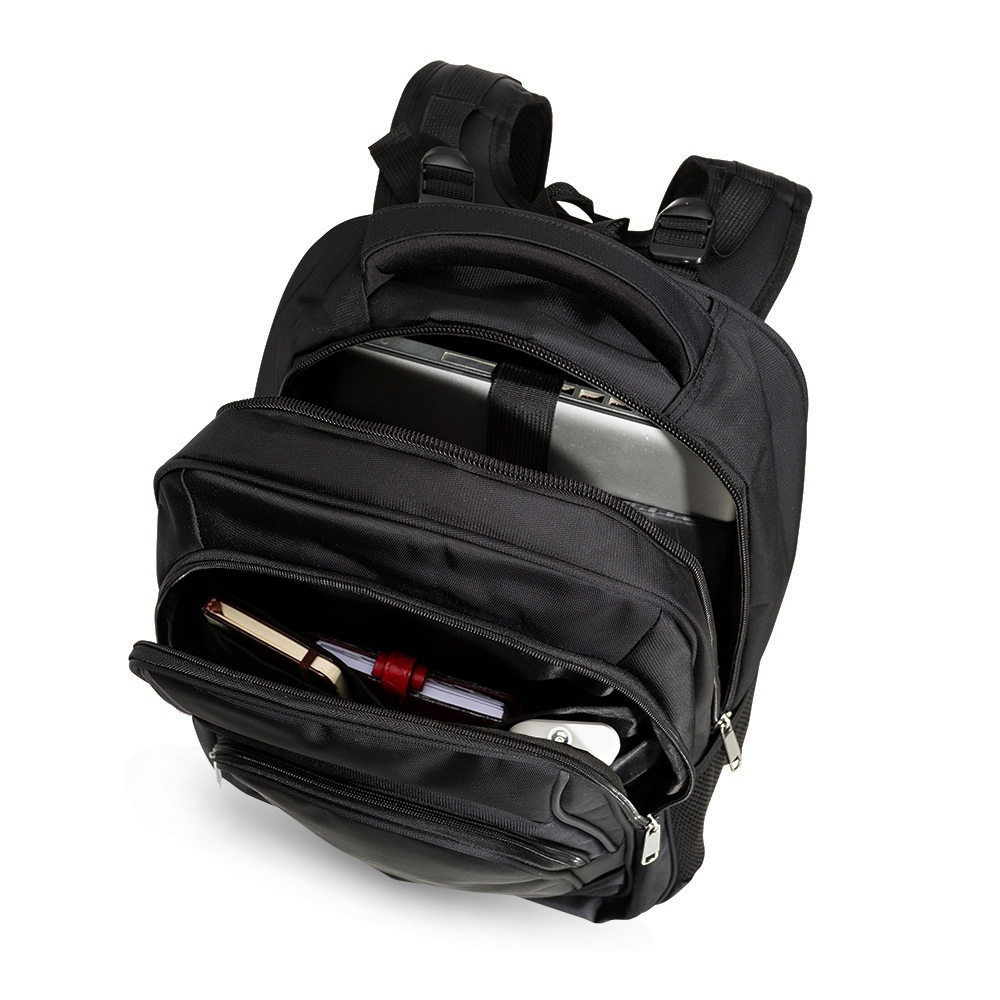 Mochila Bora aberta com notebook e itens de escritório