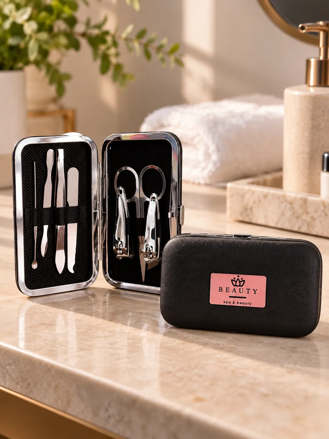 Kit Manicure Trancoso com estojo preto aberto e fechado