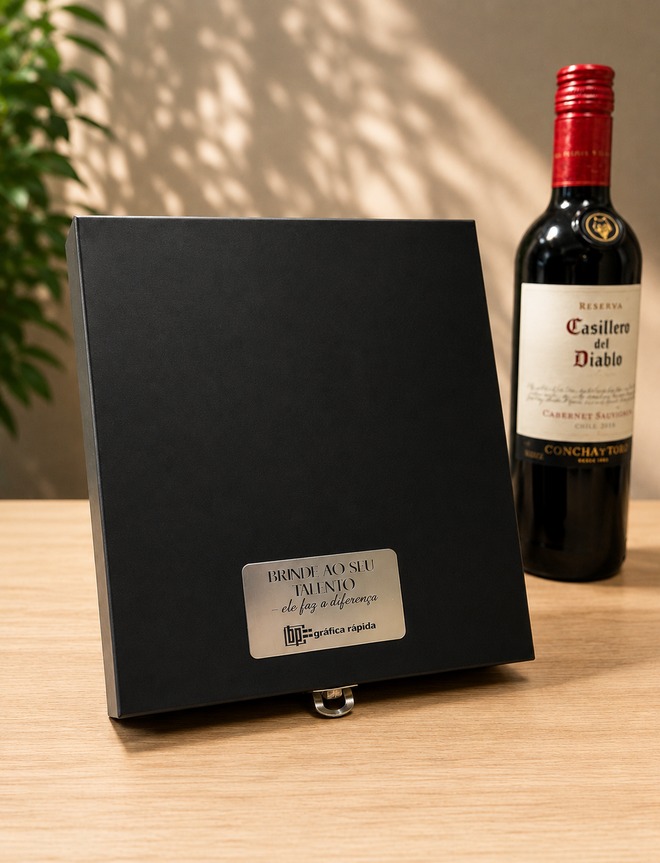 Caixa de madeira do kit vinho Cabernet Trunfo com placa de metal personalizada