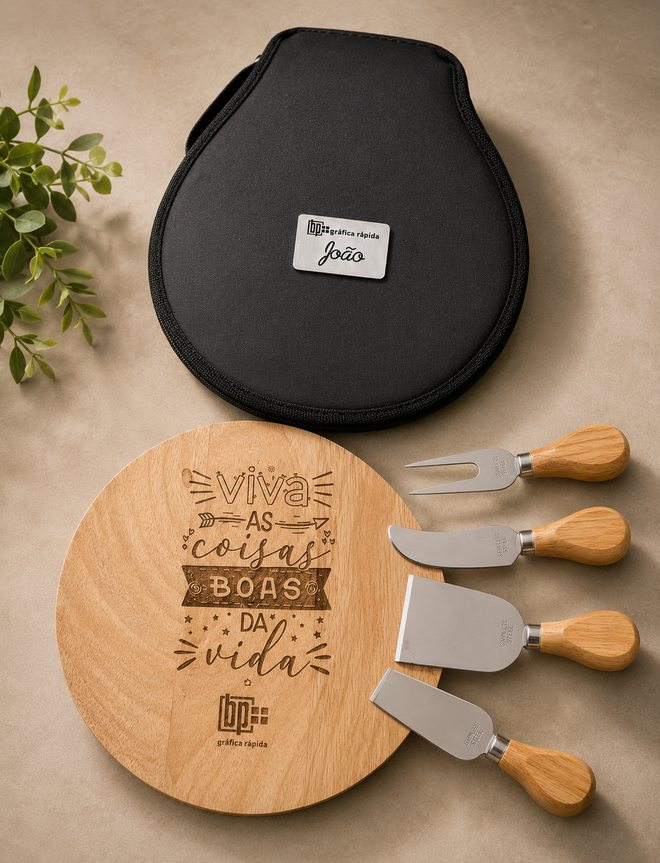 Kit queijo Tavola com tábua redonda de bambu gravada, case preto com placa e quatro facas