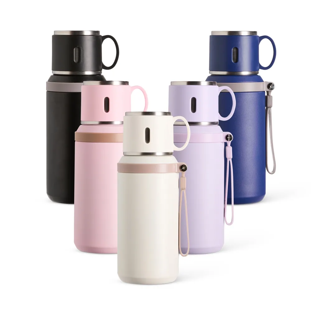 Garrafa térmica Nina com xícara, nas cores preta, azul marinho, rosa, lilás e off white