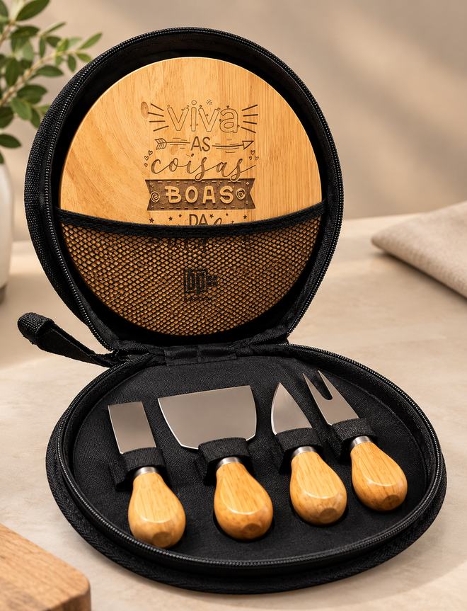 Case do kit queijo Tavola aberto mostrando a tábua gravada e as facas de cabo de madeira